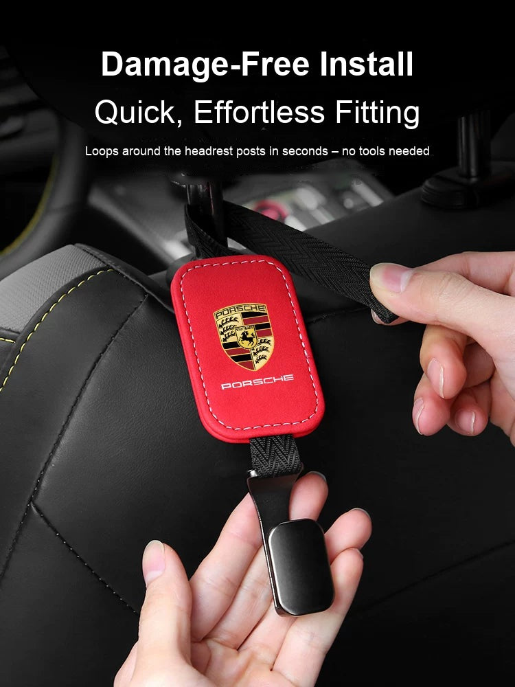 Porsche seat back hook damage-free installation around the headrest post