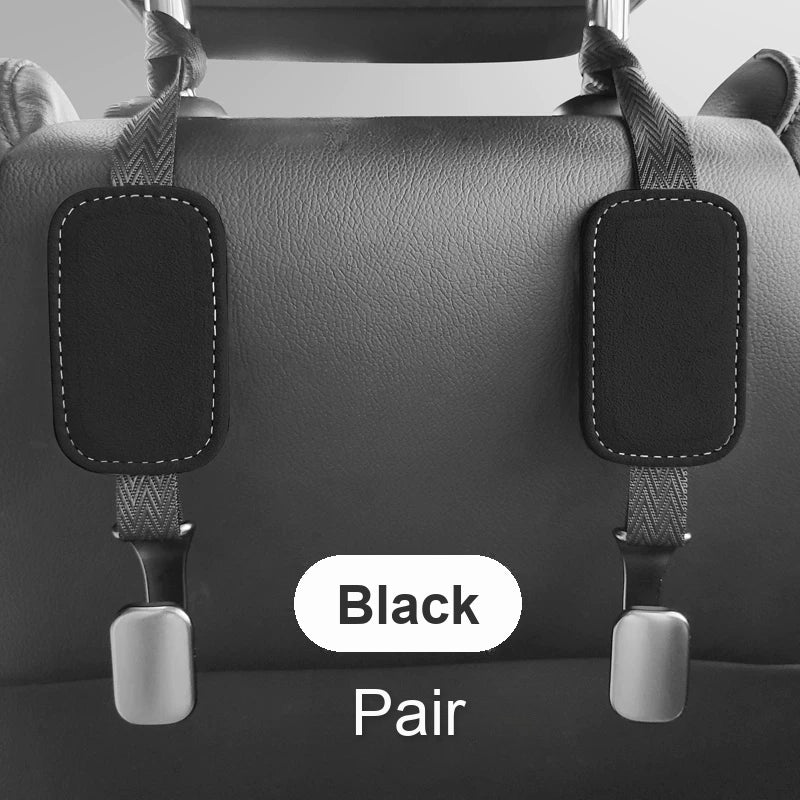 Plain black suede seat back hooks, pair