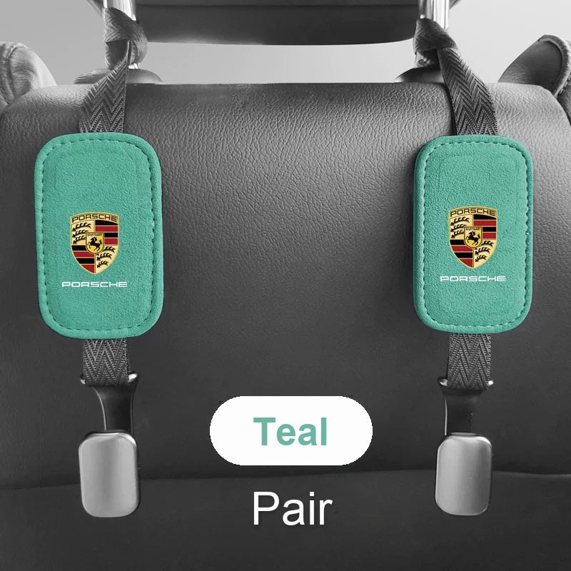 Porsche suede seat back hooks in teal, pair