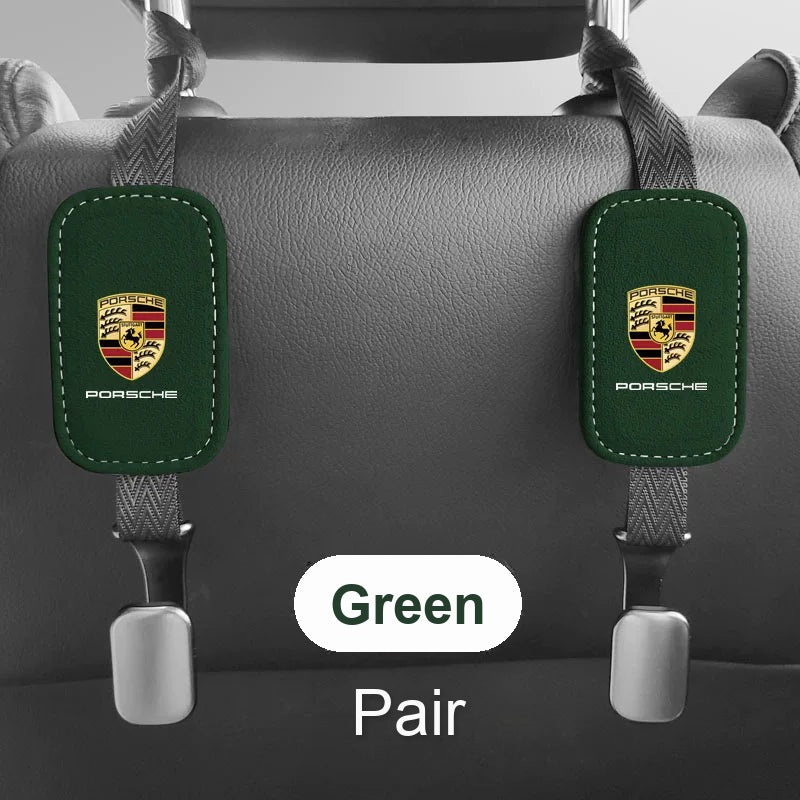 Porsche suede seat back hooks in green, pair