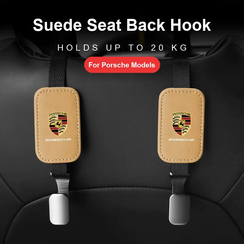 Porsche suede seat back hooks in camel, pair
