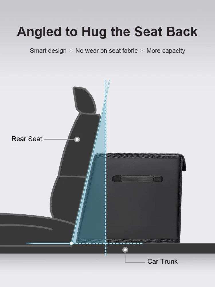 Angled trunk organizer design sits flush against the rear seat back