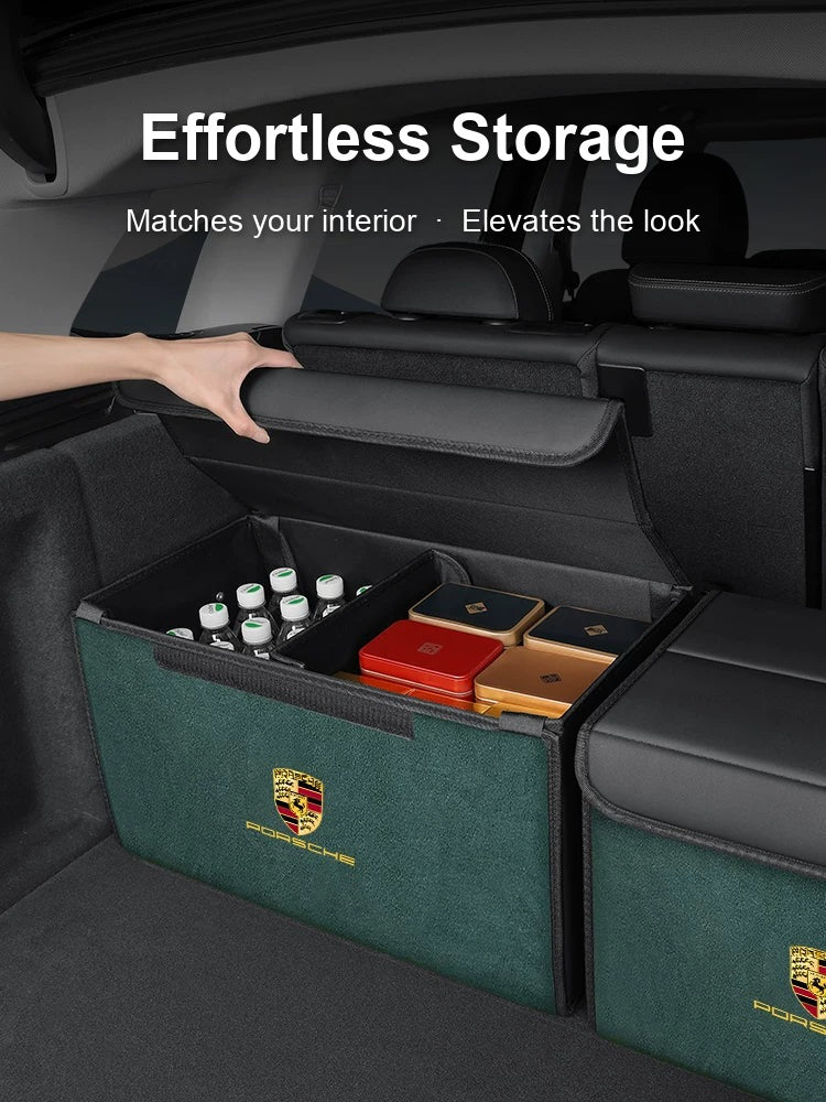 Porsche trunk organizer in green holding drinks and gift boxes