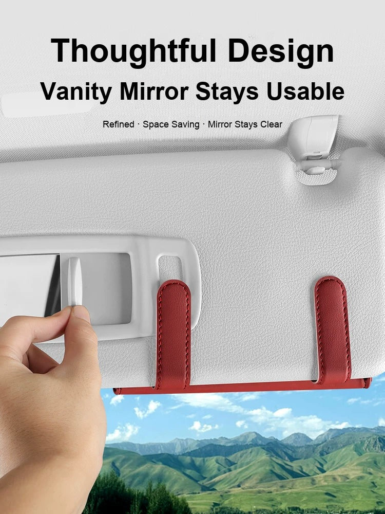 Sun visor glasses case keeps vanity mirror usable