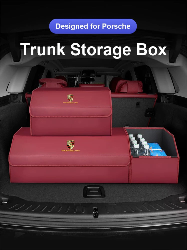 Porsche trunk storage boxes in Wine Red in the cargo area