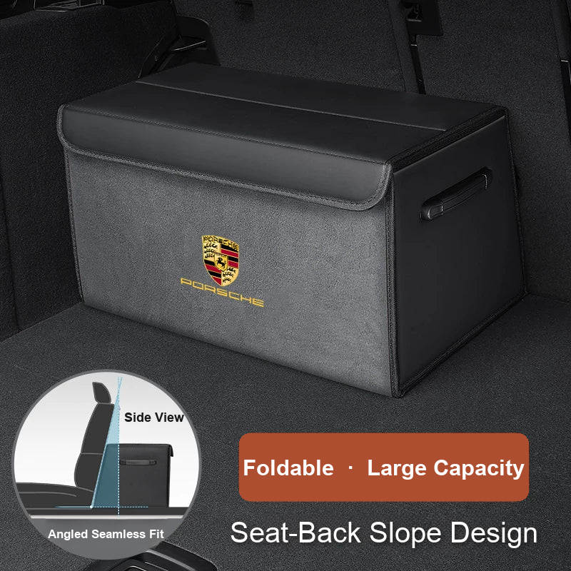 Porsche foldable trunk organizer in Starry Gray with seat-back slope design