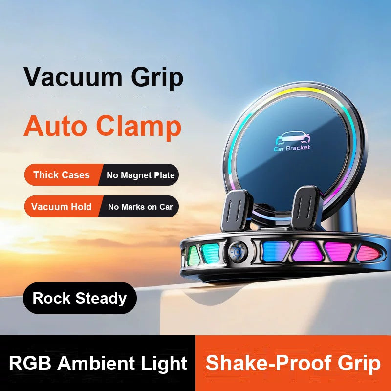 RGB wireless charging car phone mount with vacuum grip and electric auto clamp