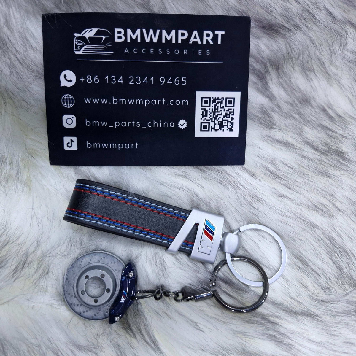 BMW M dark blue brake disc keychain with leather strap