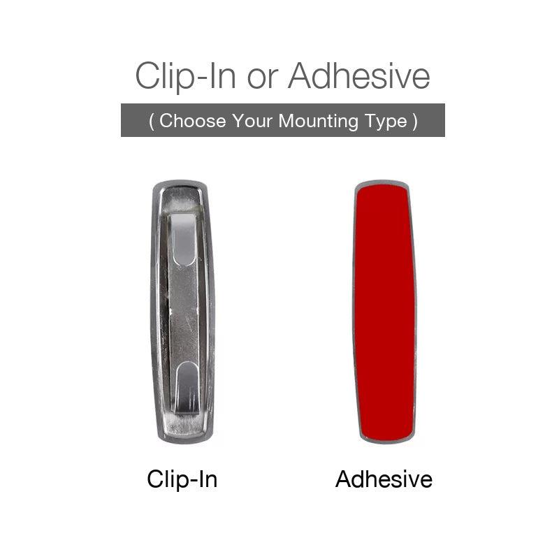 Seat emblem mounting options – Clip-In or Adhesive backing