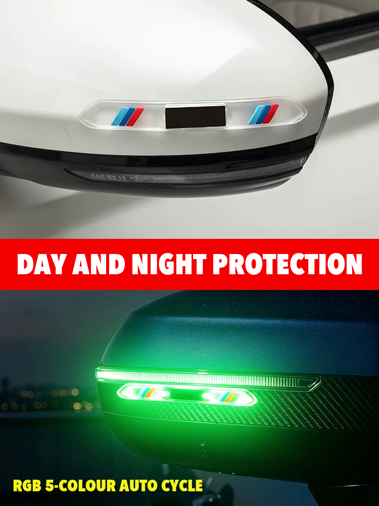 Solar door guard strip on a wing mirror by day and glowing green at night