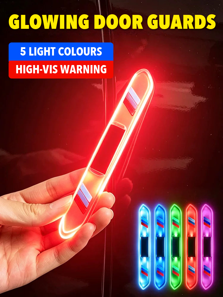 BMW M tricolour solar door guard light glowing red in hand, shown in its five LED colours