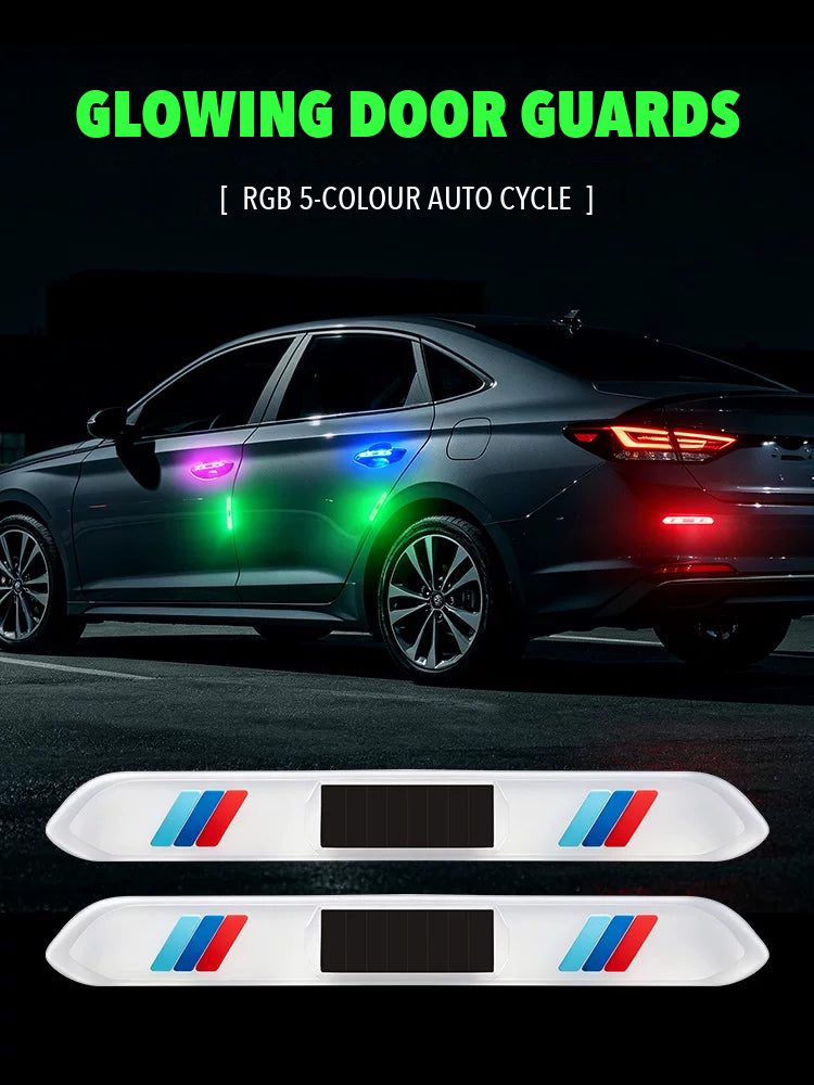 Glowing solar door guard strips on a saloon car at night, with two M tricolour strips