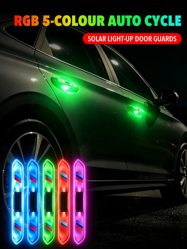 Solar light-up door guard strips with RGB 5-colour auto cycle on a car at night
