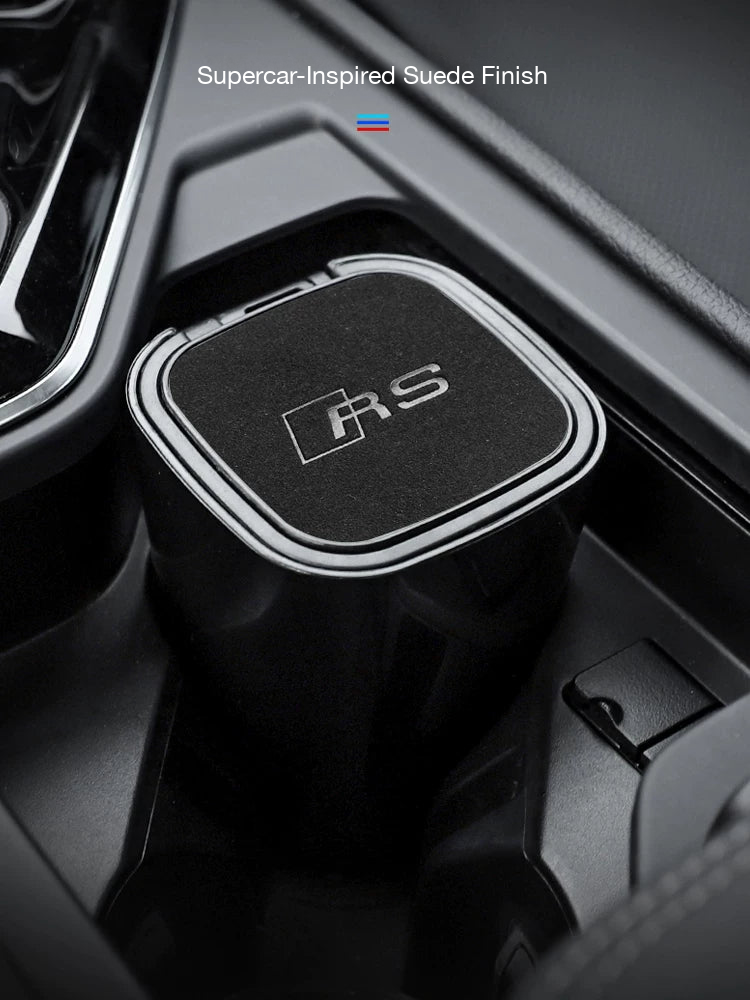 Motorsport Edition suede car ashtray with Audi RS badge in a centre-console cup holder