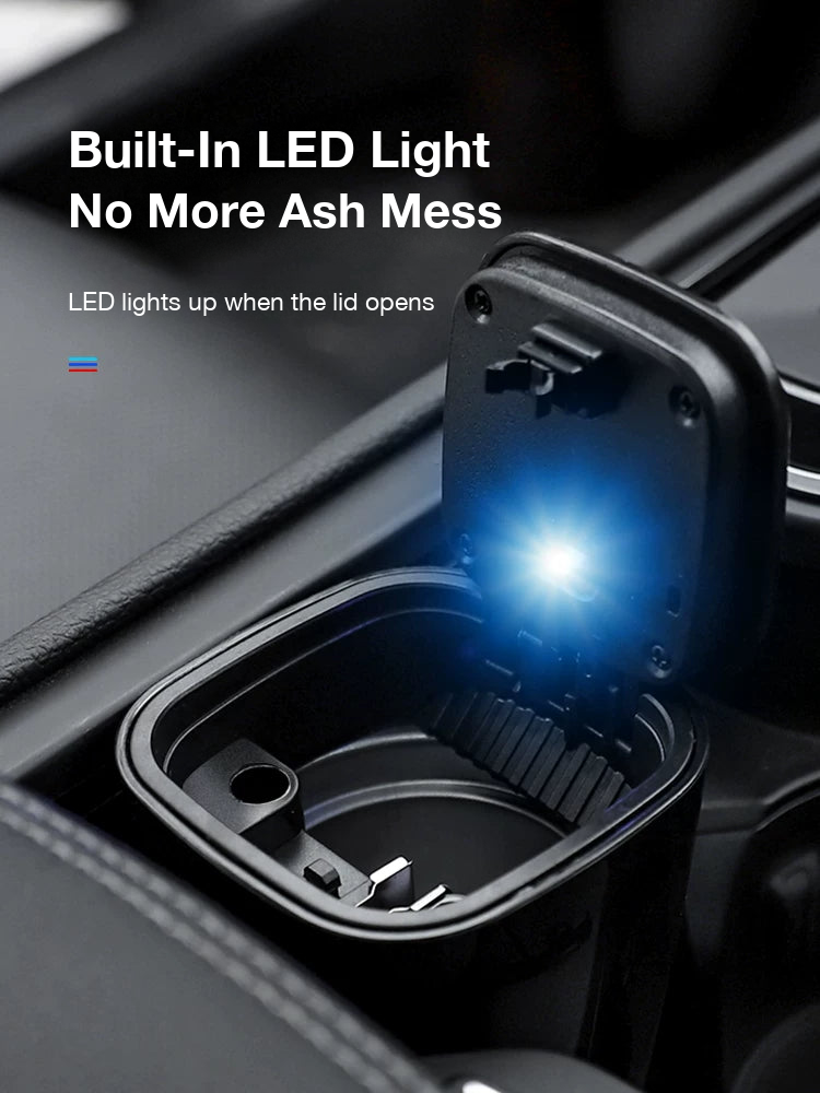 Car ashtray with built-in LED light that switches on when the lid opens