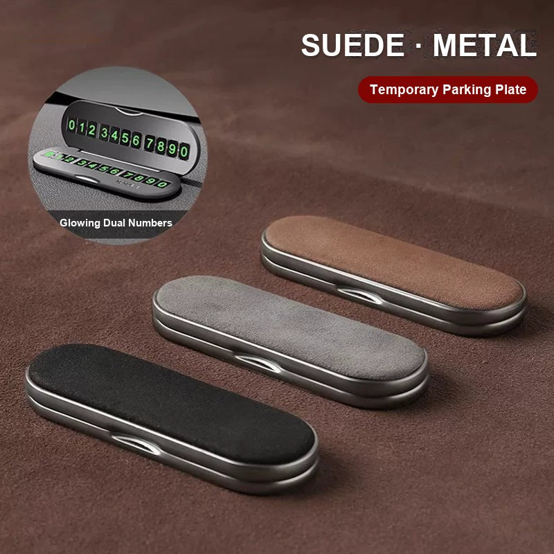 Suede and metal parking number plate in brown, grey and black