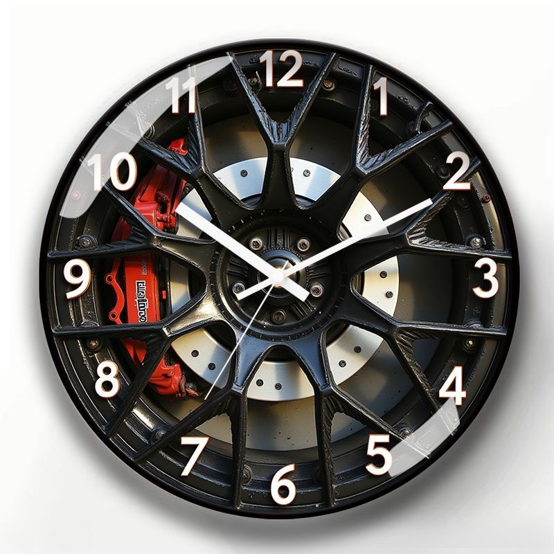 Motorsport Alloy Wheel Wall Clock with Black Frame - Silent Quartz Movement