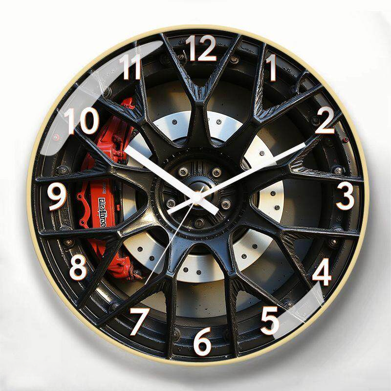 Motorsport Alloy Wheel Wall Clock with Gold Frame - Silent Quartz Movement