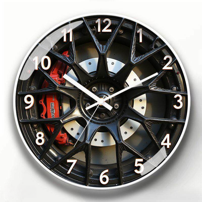 Motorsport Alloy Wheel Wall Clock with White Frame - Silent Quartz Movement