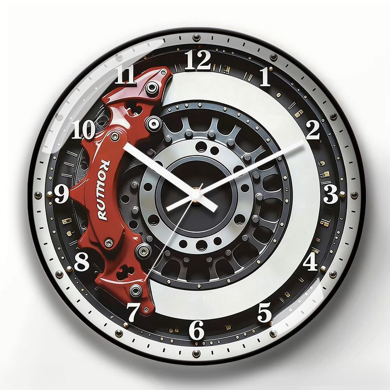 Motorsport Red Brake Caliper Wall Clock with Black Frame - Silent Quartz Movement