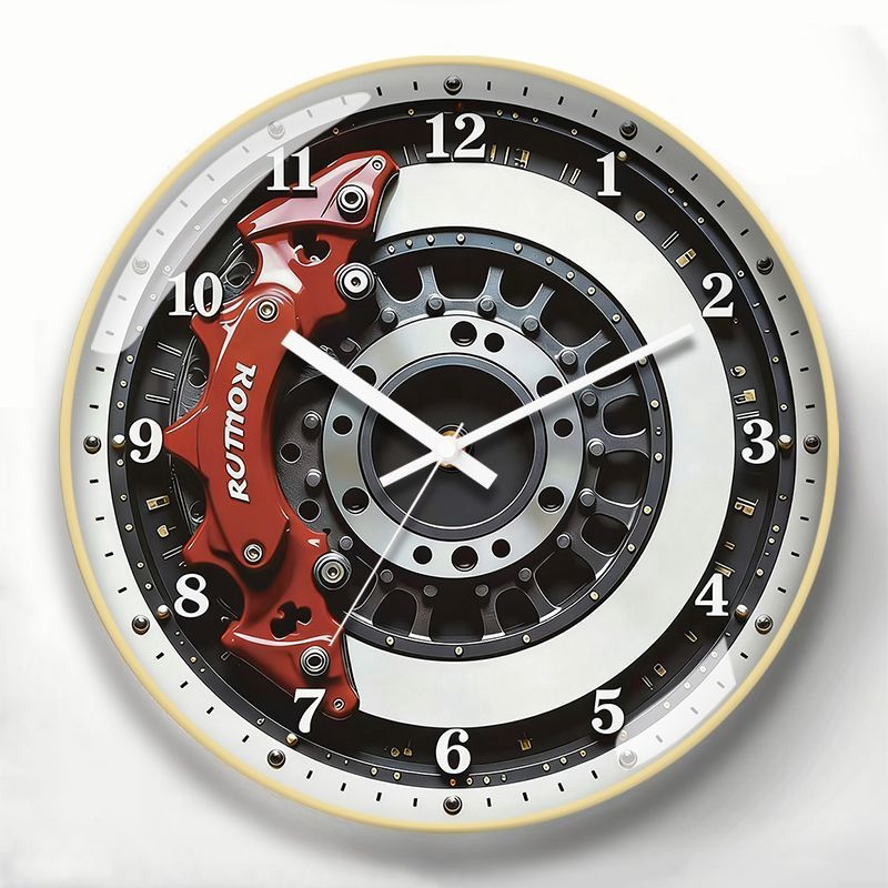 Motorsport Red Brake Caliper Wall Clock with Gold Frame - Silent Quartz Movement