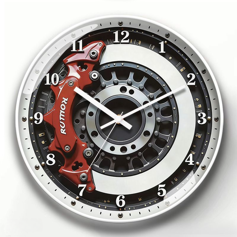 Motorsport Red Brake Caliper Wall Clock with White Frame - Silent Quartz Movement