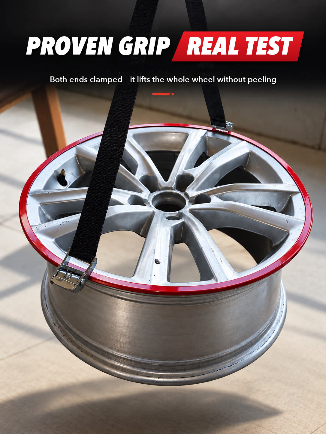 Rim guard strength test – the strip lifts the whole wheel without peeling